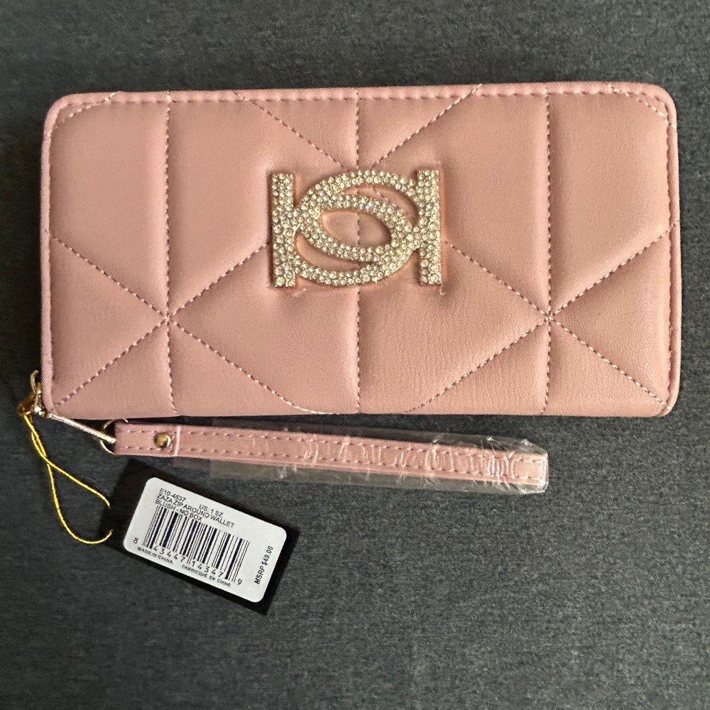 Bebe Zaza Zip Around Wallet Blush Pink Rhinestone Logo Wristlet NWT